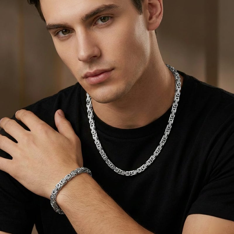 Half set for men (chain + bracelet) in silver with a luxurious royal design, made of rust-resistant stainless steel, giving you an attractive look at all times. - Image 2